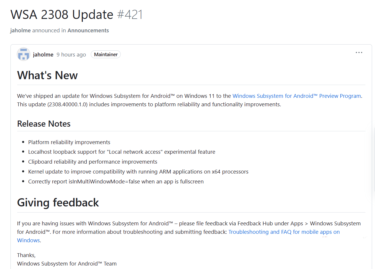 微软 Win11 安卓子系统 WSA 2308.40000.1.0 更新推送！